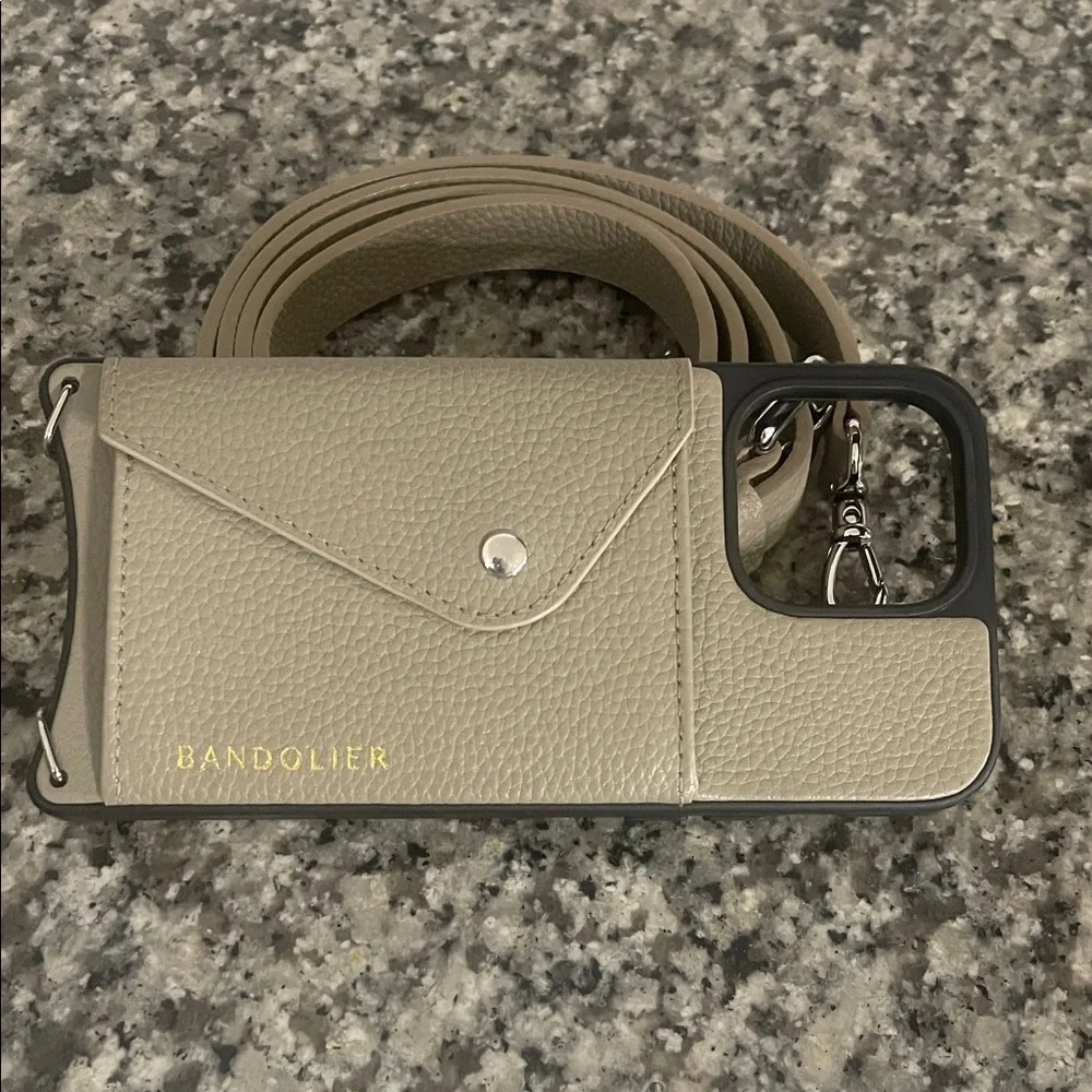 Bandolier Taupe Leather Crossbody Phone Pouch with Strap